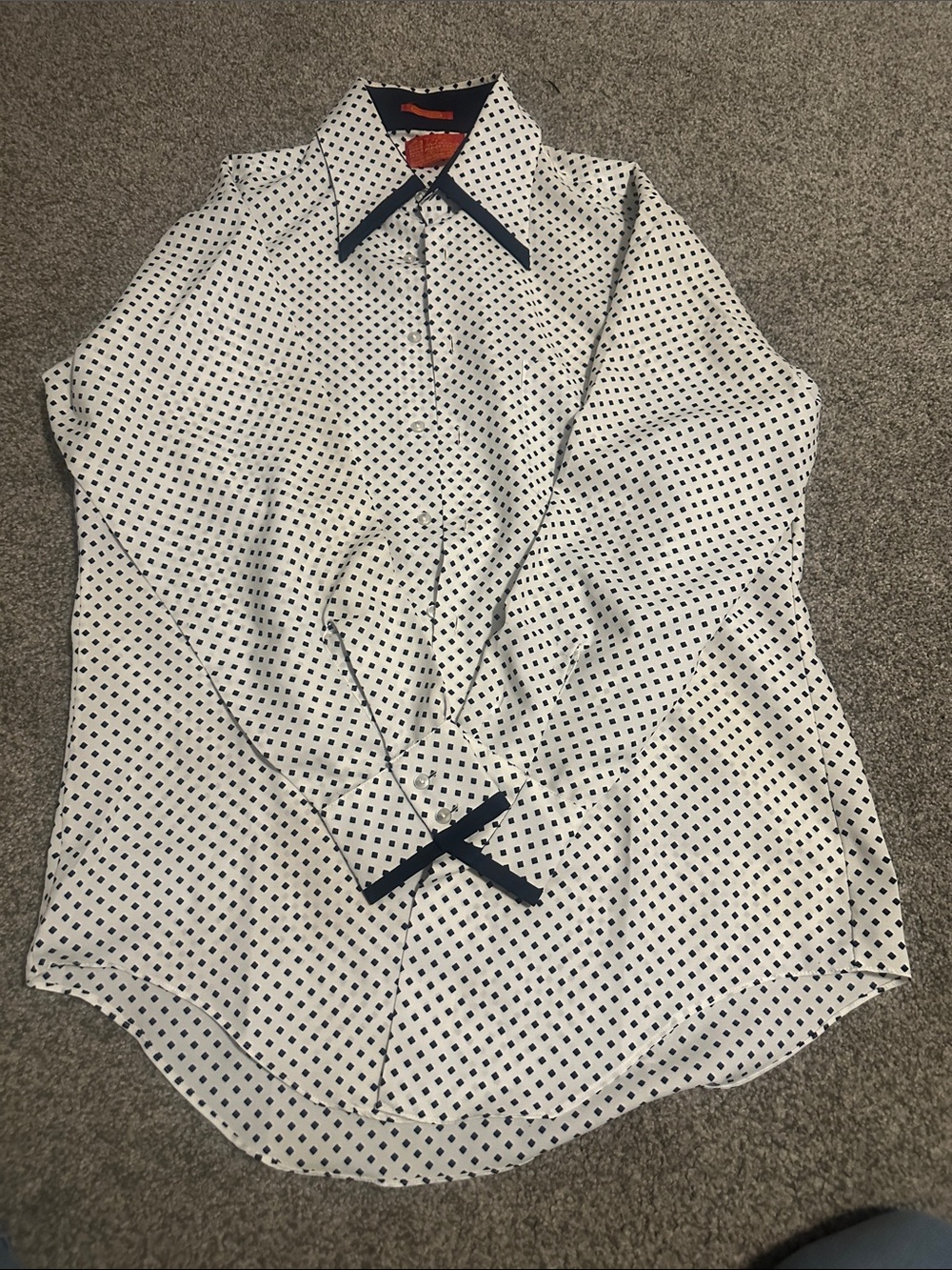 Sears White Button-Down Shirt with Navy Polka Dots and Trim